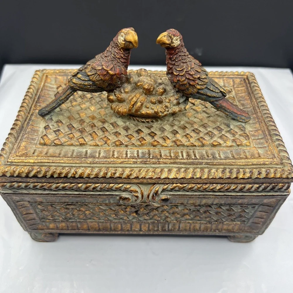 Vintage Parrot Jewelry Box Heavy Resin Footed Trinket Chest Gold Verdigris
